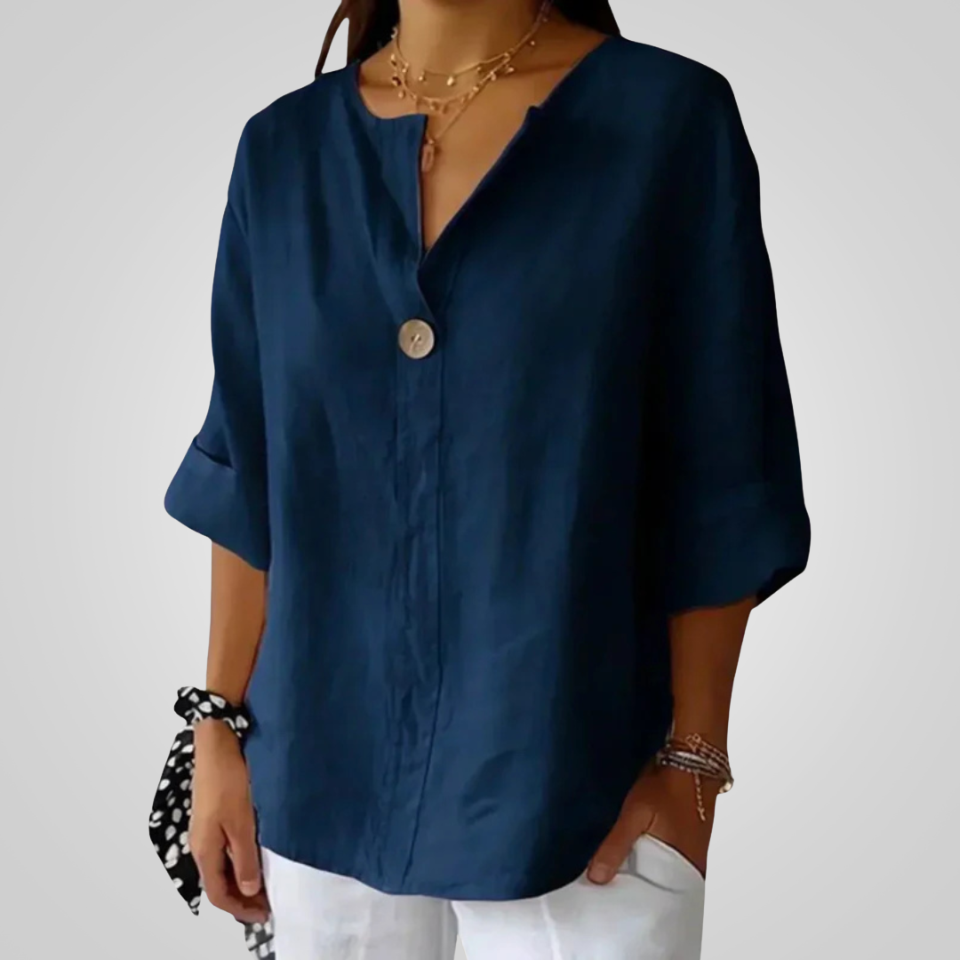 Femme Blouse Oversize col V avec Manches Trois-quarts et Bouton Décoratif