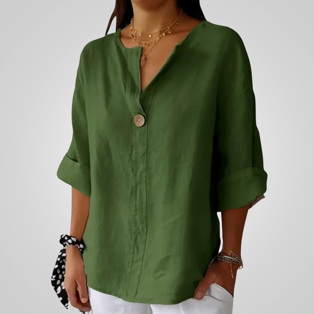 Femme Blouse Oversize col V avec Manches Trois-quarts et Bouton Décoratif