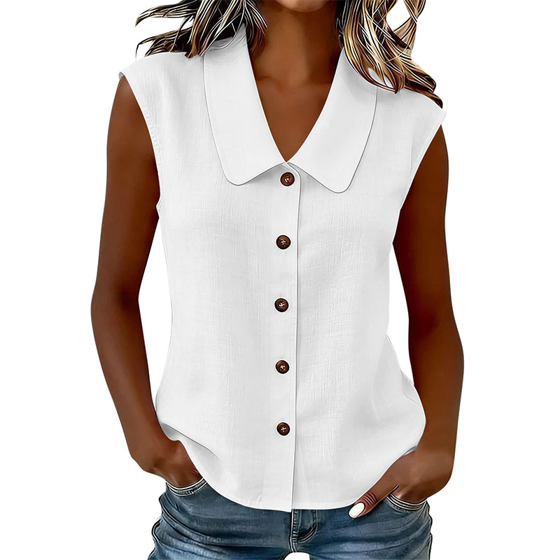 Femme Blouse sans Manches avec Col Polo et Boutonnière