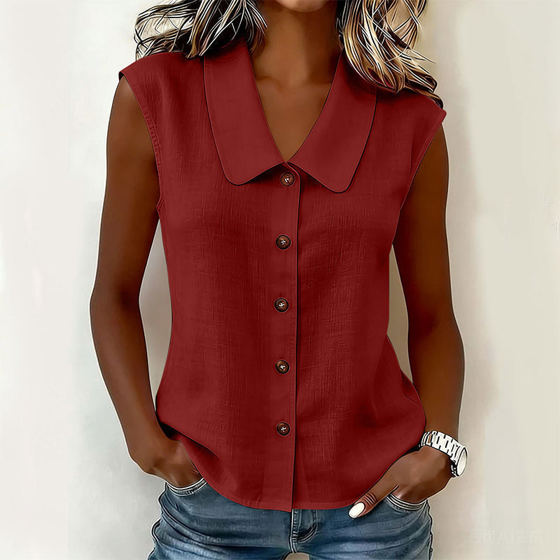 Femme Blouse sans Manches avec Col Polo et Boutonnière