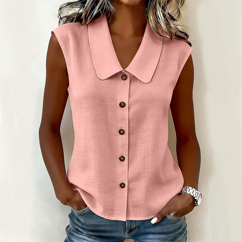 Femme Blouse sans Manches avec Col Polo et Boutonnière