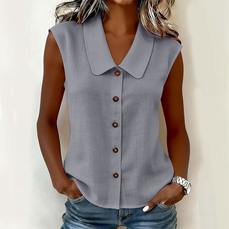 Femme Blouse sans Manches avec Col Polo et Boutonnière