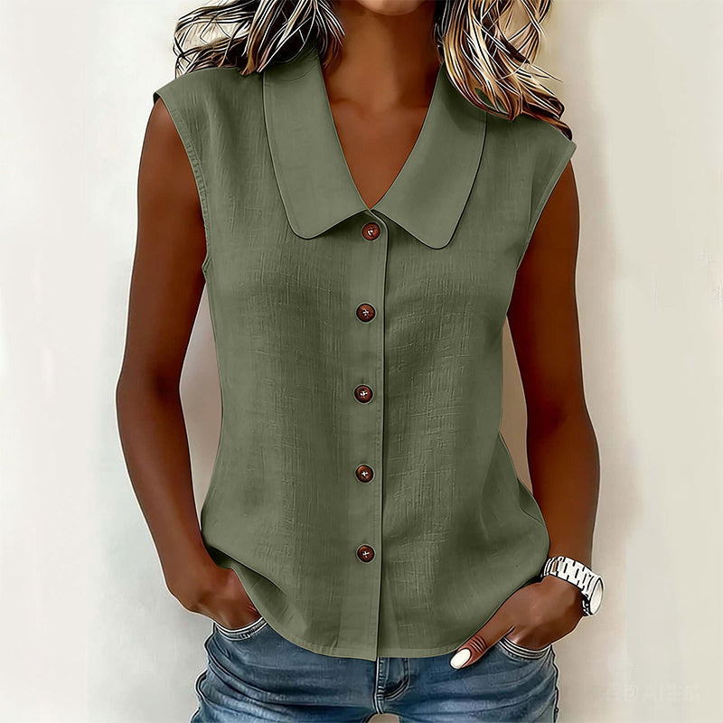 Femme Blouse sans Manches avec Col Polo et Boutonnière