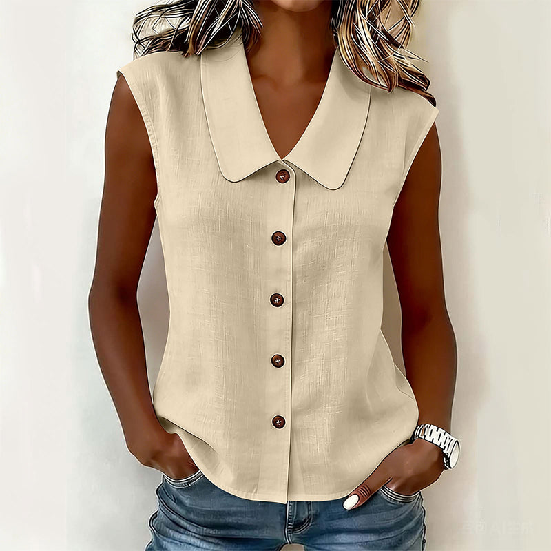 Femme Blouse sans Manches avec Col Polo et Boutonnière
