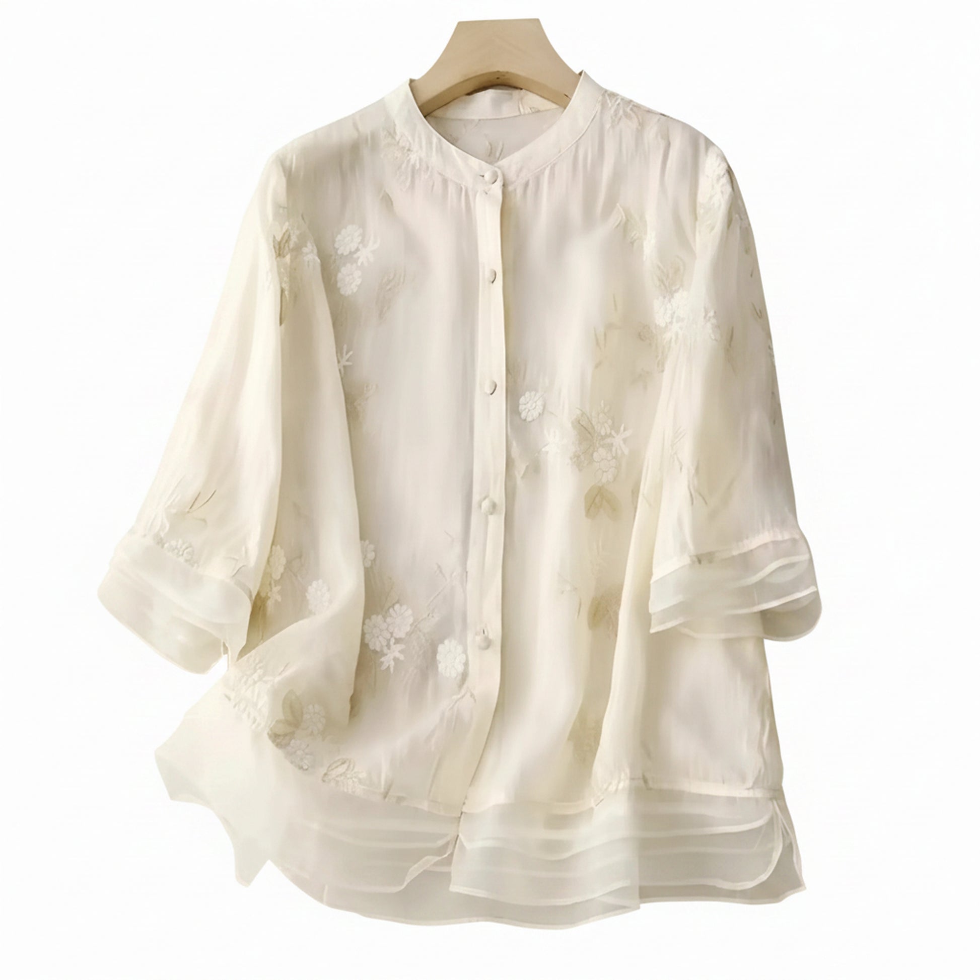 Femme Blouse Trois-Quarts Broderie Florale col Rond à Boutons