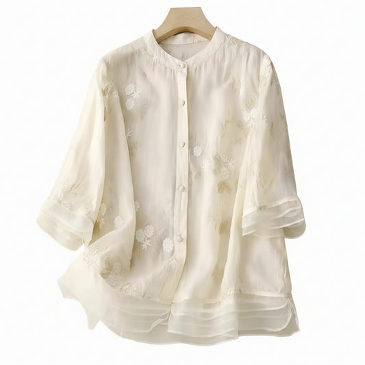 Femme Blouse Trois-Quarts Broderie Florale col Rond à Boutons