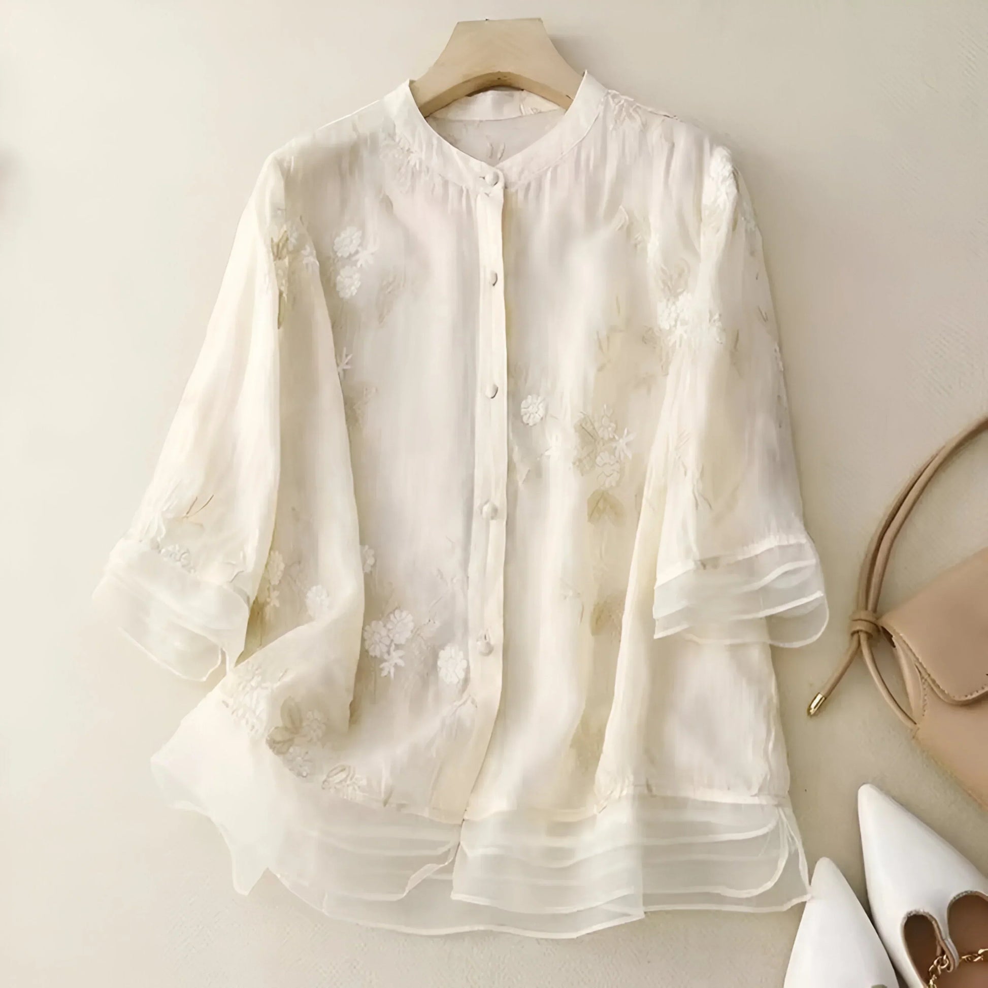 Femme Blouse Trois-Quarts Broderie Florale col Rond à Boutons