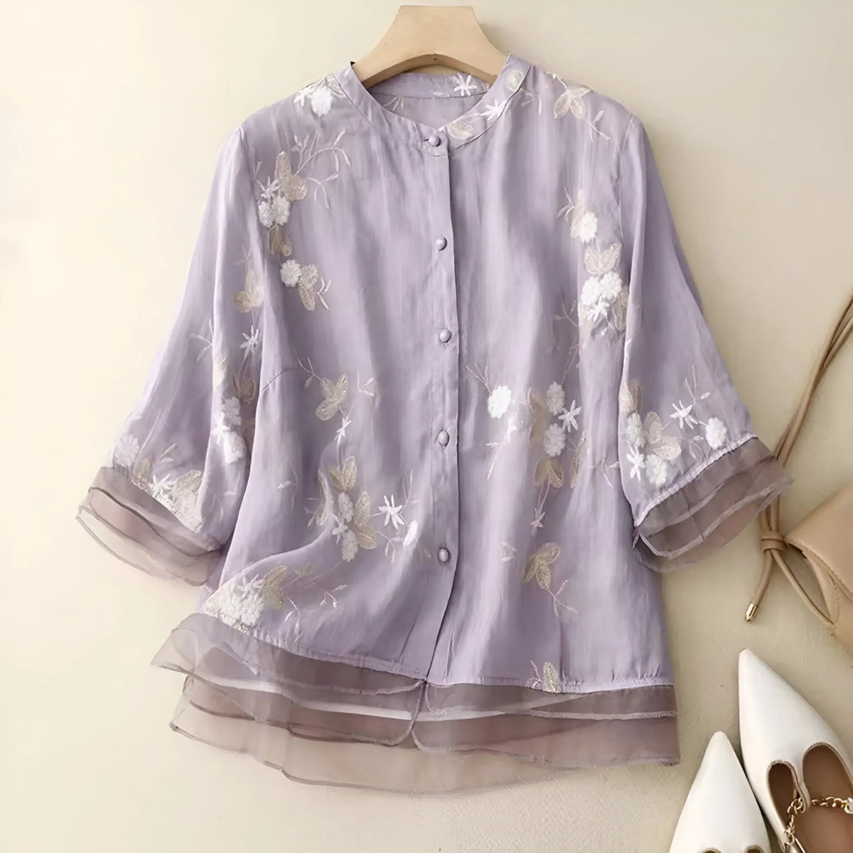 Femme Blouse Trois-Quarts Broderie Florale col Rond à Boutons