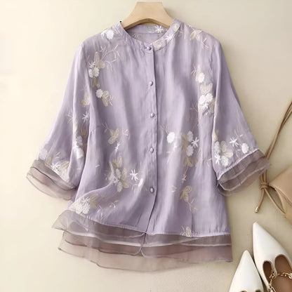Femme Blouse Trois-Quarts Broderie Florale col Rond à Boutons