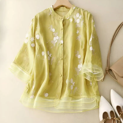 Femme Blouse Trois-Quarts Broderie Florale col Rond à Boutons