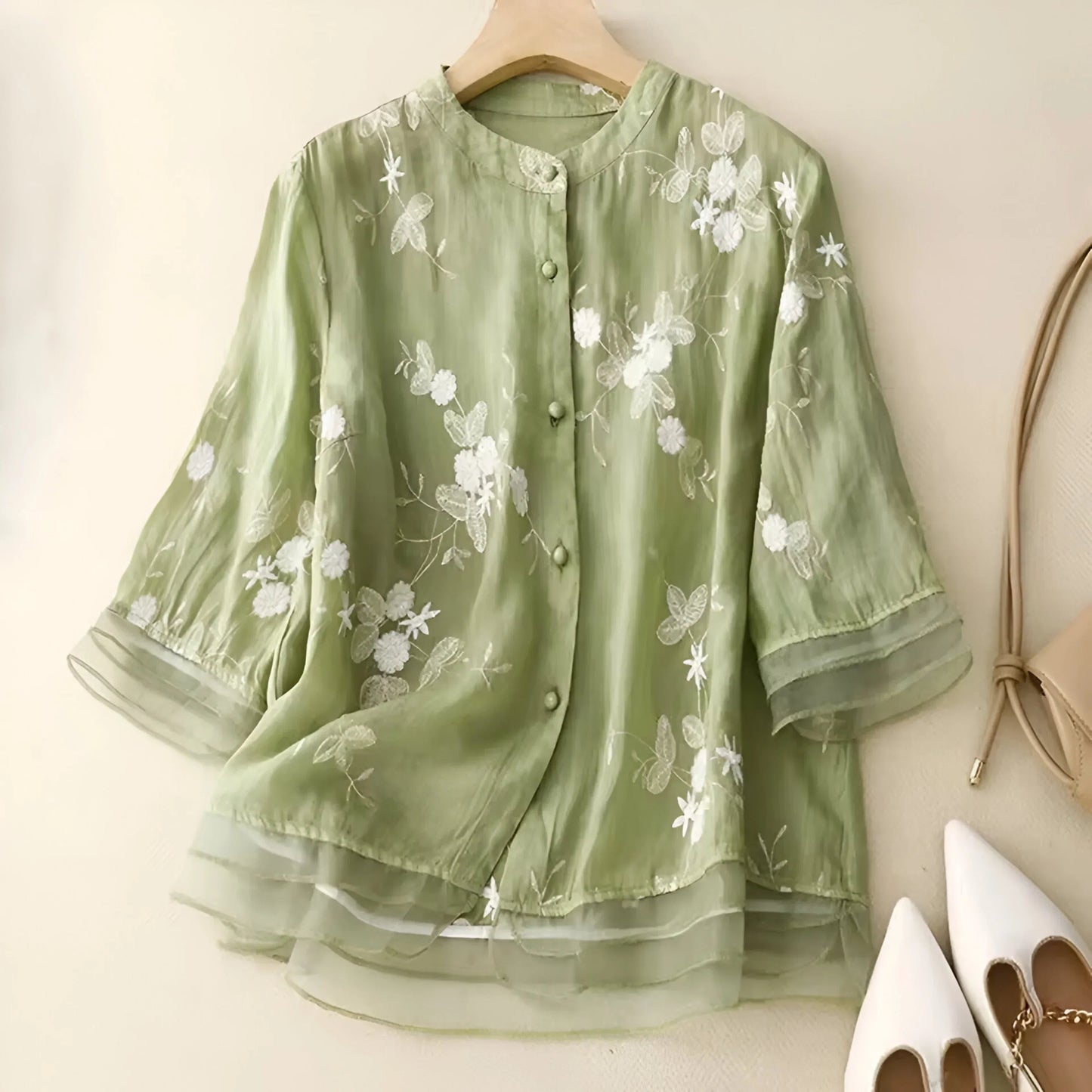 Femme Blouse Trois-Quarts Broderie Florale col Rond à Boutons