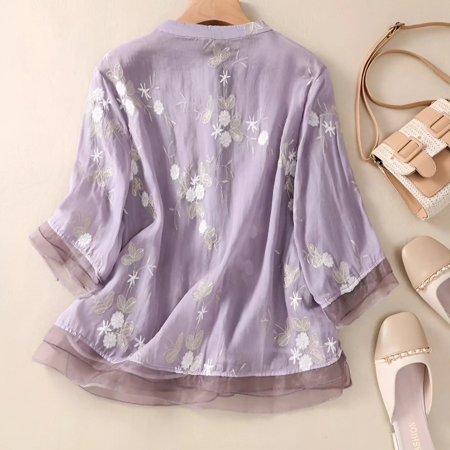 Femme Blouse Trois-Quarts Broderie Florale col Rond à Boutons