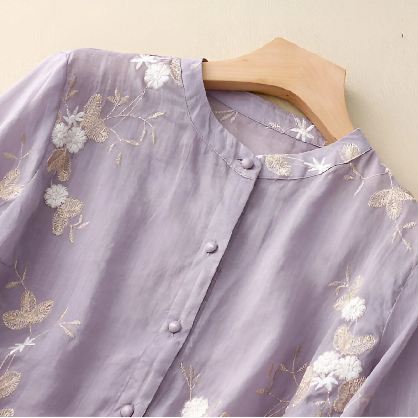 Femme Blouse Trois-Quarts Broderie Florale col Rond à Boutons