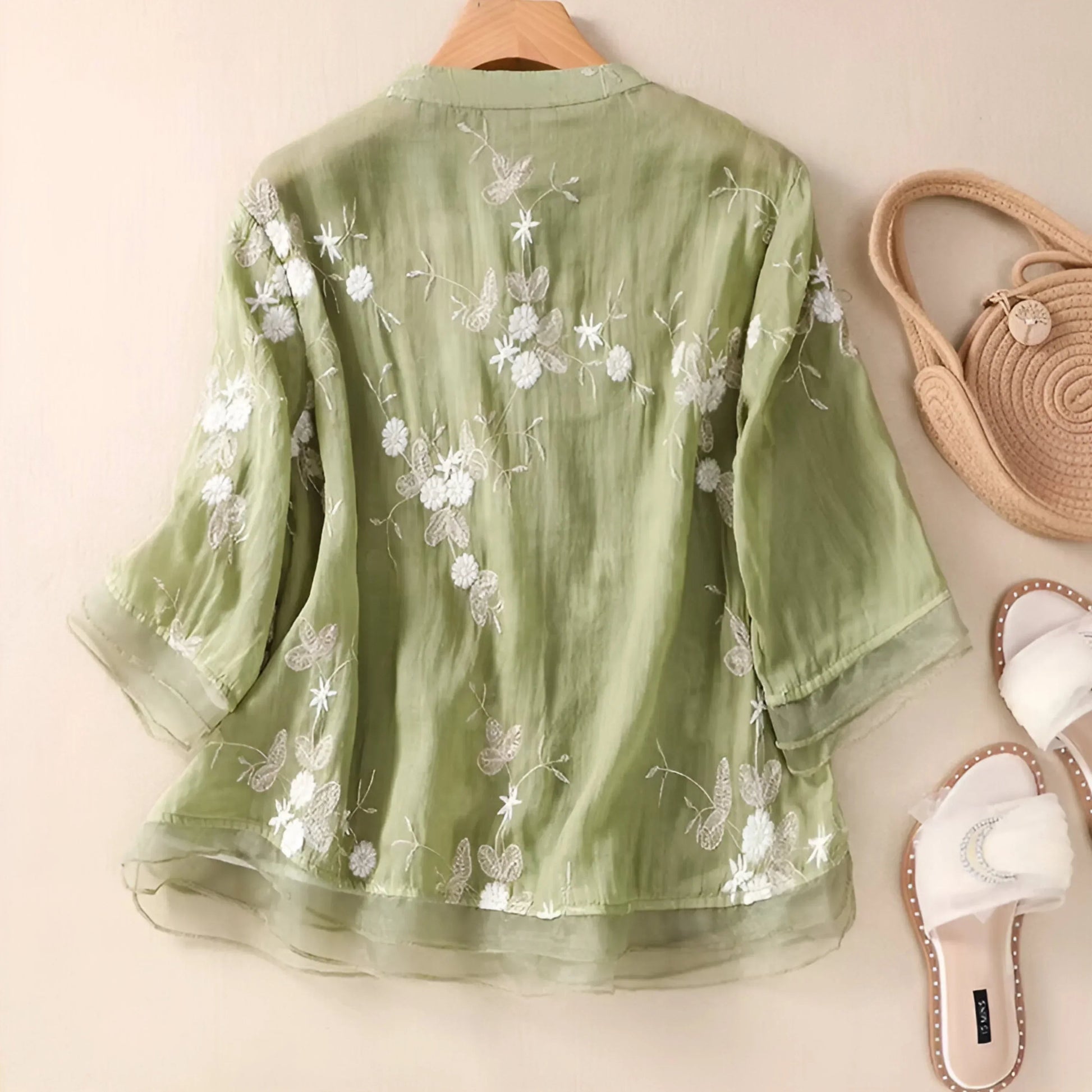 Femme Blouse Trois-Quarts Broderie Florale col Rond à Boutons