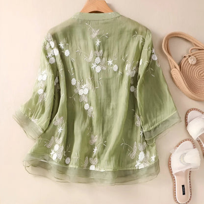 Femme Blouse Trois-Quarts Broderie Florale col Rond à Boutons
