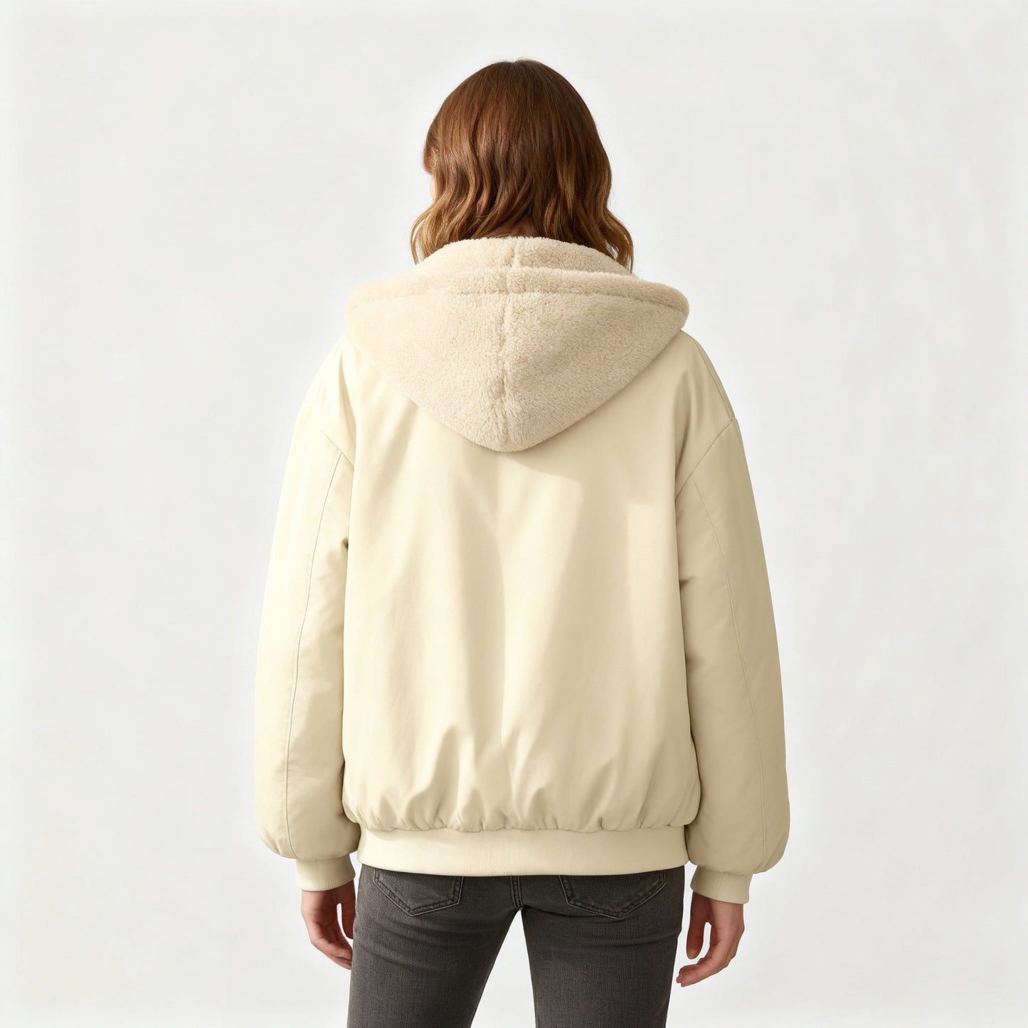 Femme Bomber Jacket Oversized avec Capuchon et Doublure Teddy