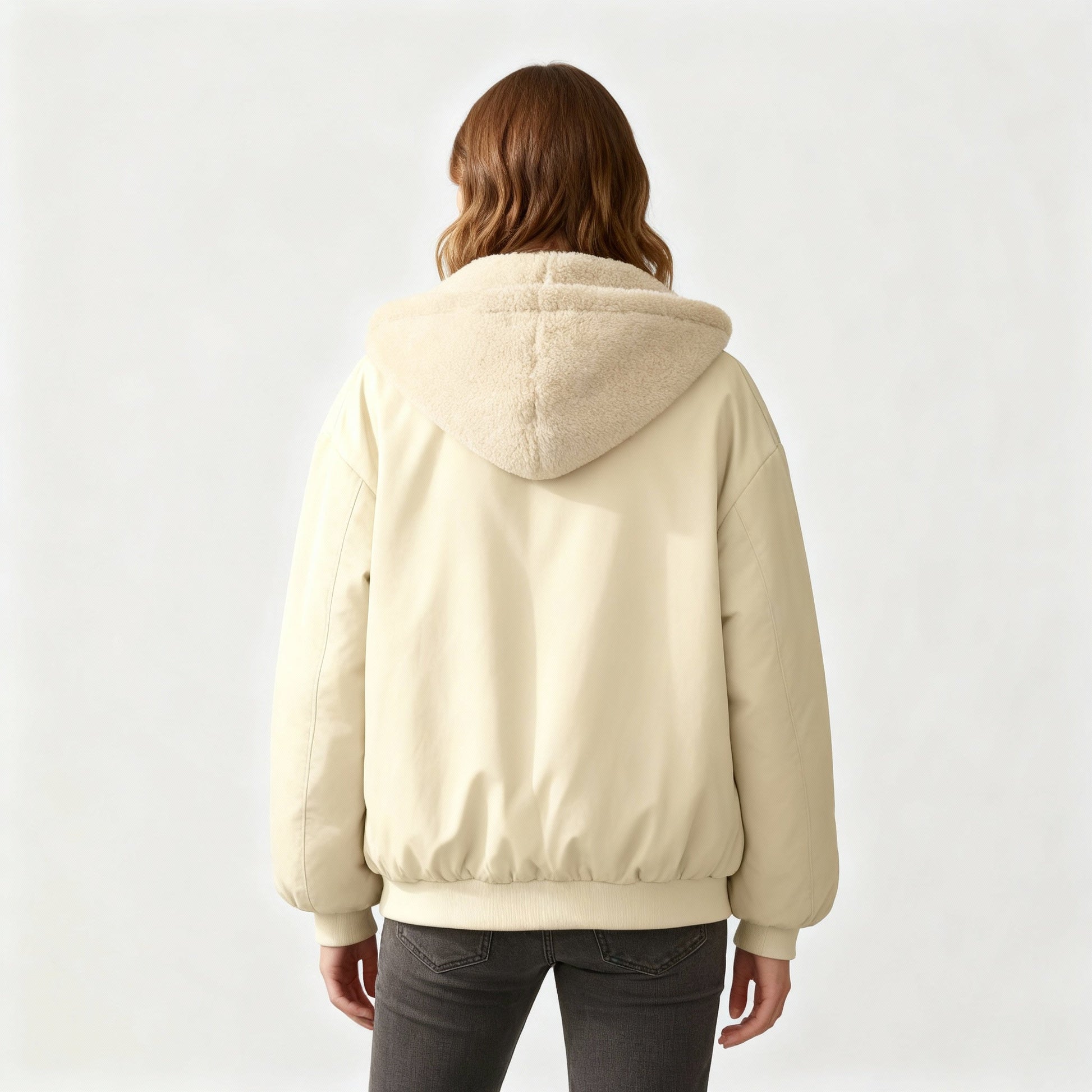 Femme Bomber Jacket Oversized avec Capuchon et Doublure Teddy