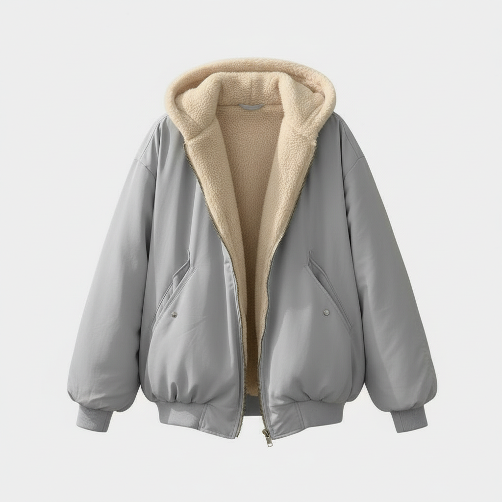 Femme Bomber Jacket Oversized avec Capuchon et Doublure Teddy