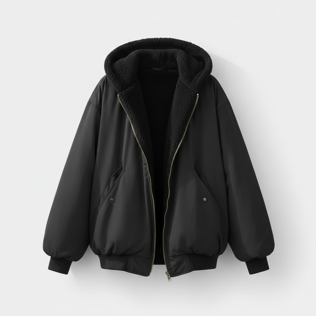Femme Bomber Jacket Oversized avec Capuchon et Doublure Teddy