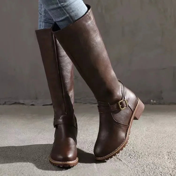 Femme Bottes Hautes à Boucle et Fermeture Éclair Style Cavalière