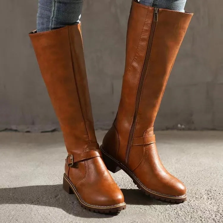 Femme Bottes Hautes à Boucle et Fermeture Éclair Style Cavalière