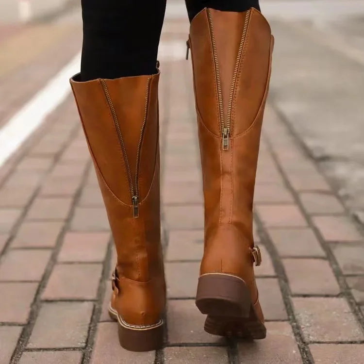 Femme Bottes Hautes à Boucle et Fermeture Éclair Style Cavalière