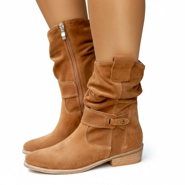 Femme Bottines mi-mollet à Fronces avec Fermeture Éclair et Talon Bloc