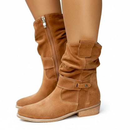 Femme Bottines mi-mollet à Fronces avec Fermeture Éclair et Talon Bloc