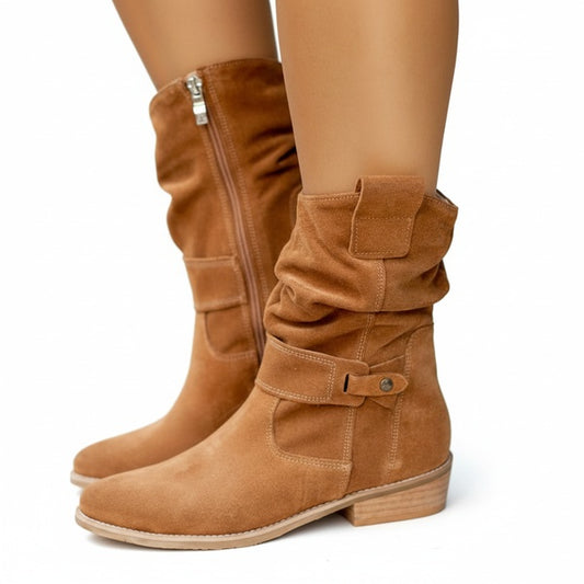 Femme Bottines mi-mollet à Fronces avec Fermeture Éclair et Talon Bloc
