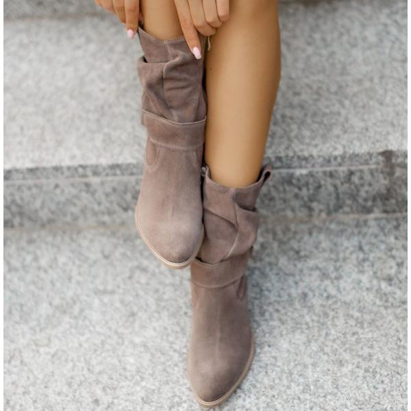 Femme Bottines mi-mollet à Fronces avec Fermeture Éclair et Talon Bloc