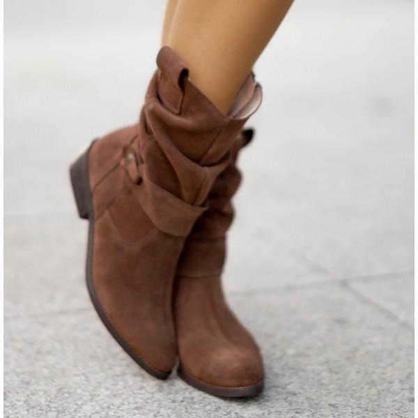 Femme Bottines mi-mollet à Fronces avec Fermeture Éclair et Talon Bloc