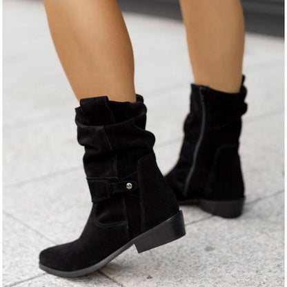 Femme Bottines mi-mollet à Fronces avec Fermeture Éclair et Talon Bloc