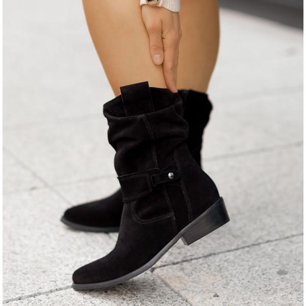Femme Bottines mi-mollet à Fronces avec Fermeture Éclair et Talon Bloc