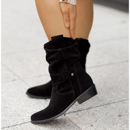Femme Bottines mi-mollet à Fronces avec Fermeture Éclair et Talon Bloc