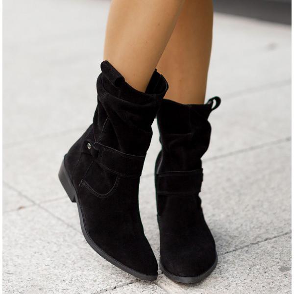 Femme Bottines mi-mollet à Fronces avec Fermeture Éclair et Talon Bloc
