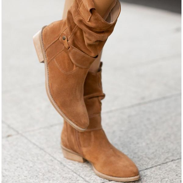 Femme Bottines mi-mollet à Fronces avec Fermeture Éclair et Talon Bloc