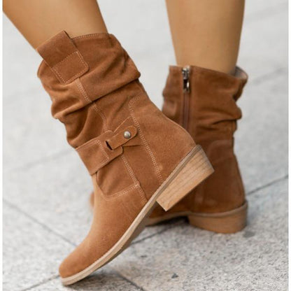 Femme Bottines mi-mollet à Fronces avec Fermeture Éclair et Talon Bloc