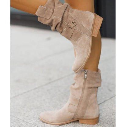 Femme Bottines mi-mollet à Fronces avec Fermeture Éclair et Talon Bloc
