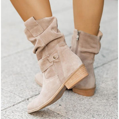 Femme Bottines mi-mollet à Fronces avec Fermeture Éclair et Talon Bloc