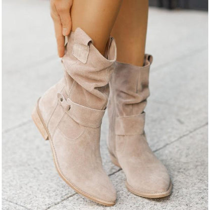 Femme Bottines mi-mollet à Fronces avec Fermeture Éclair et Talon Bloc