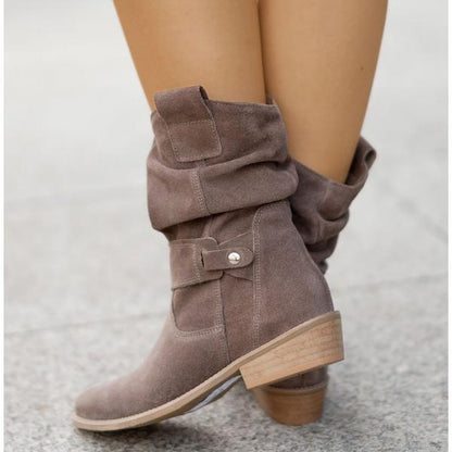 Femme Bottines mi-mollet à Fronces avec Fermeture Éclair et Talon Bloc