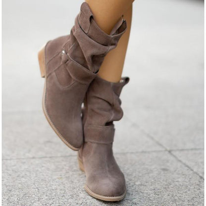 Femme Bottines mi-mollet à Fronces avec Fermeture Éclair et Talon Bloc