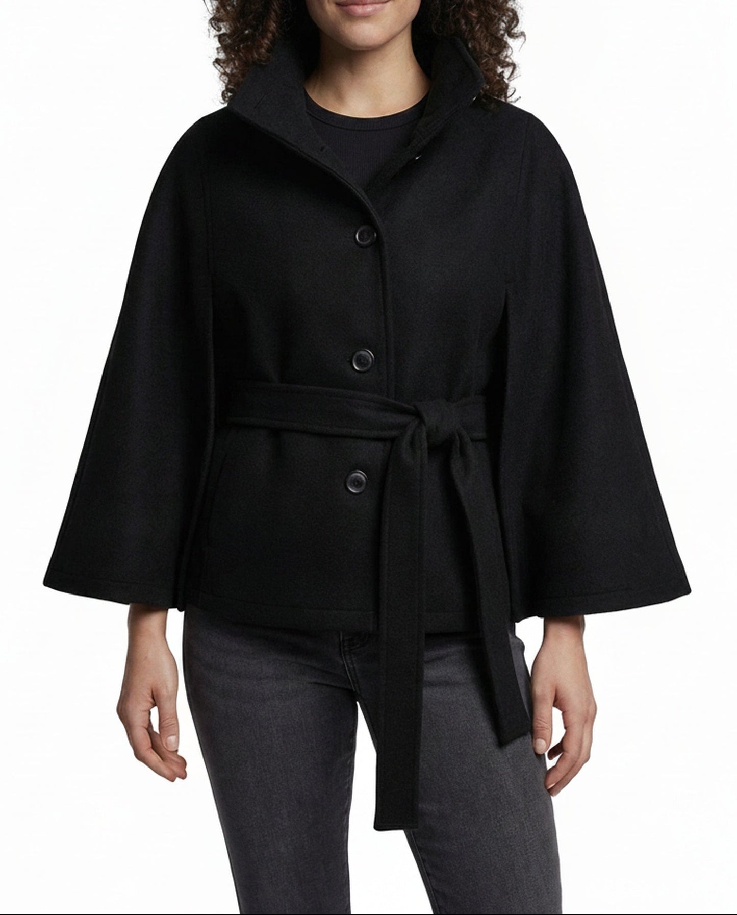 Femme Cape Courte à Col Montant et Ceinture à Nouer