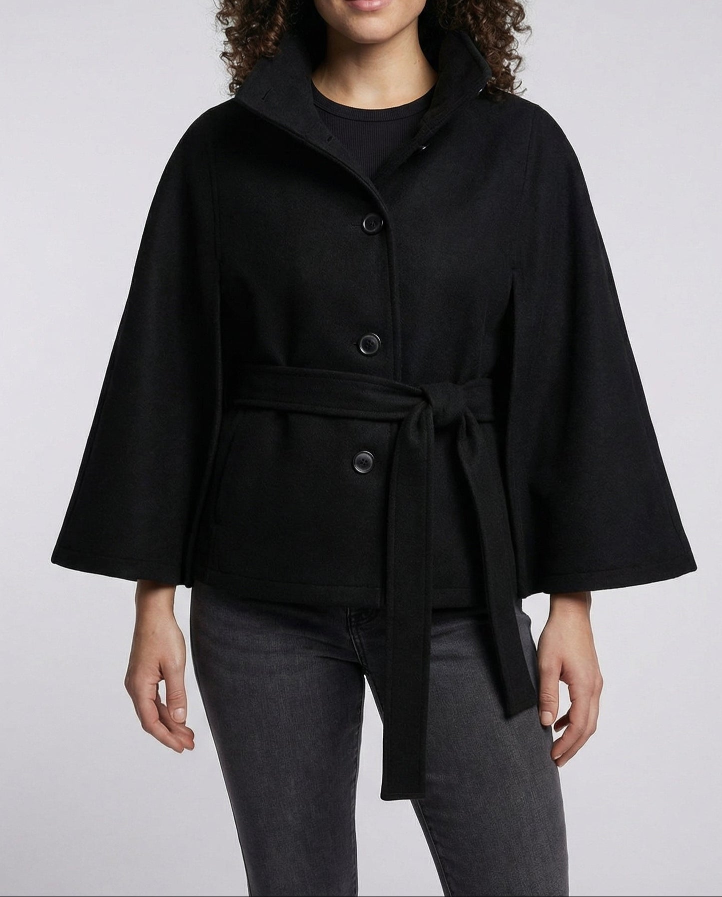 Femme Cape Courte à Col Montant et Ceinture à Nouer