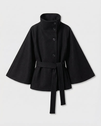 Femme Cape Courte à Col Montant et Ceinture à Nouer