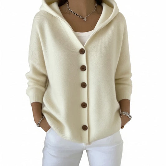 Femme Cardigan à Capuche avec Fermeture Boutonnée et Manches Longues