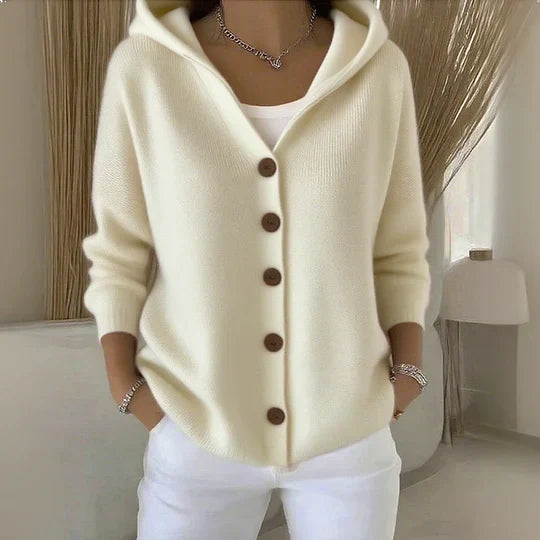 Femme Cardigan à Capuche avec Fermeture Boutonnée et Manches Longues