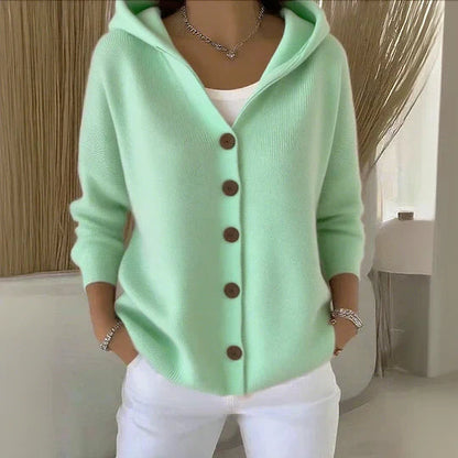 Femme Cardigan à Capuche avec Fermeture Boutonnée et Manches Longues