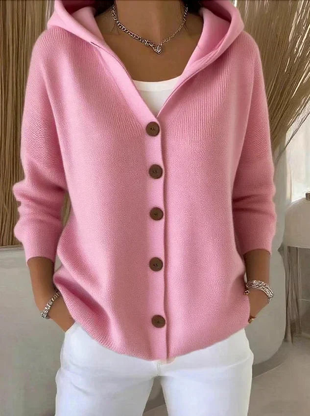 Femme Cardigan à Capuche avec Fermeture Boutonnée et Manches Longues