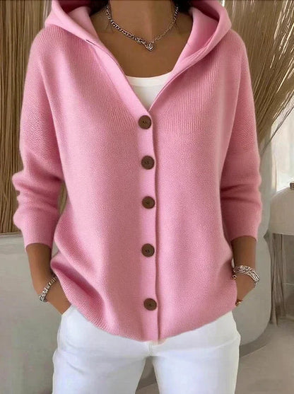 Femme Cardigan à Capuche avec Fermeture Boutonnée et Manches Longues